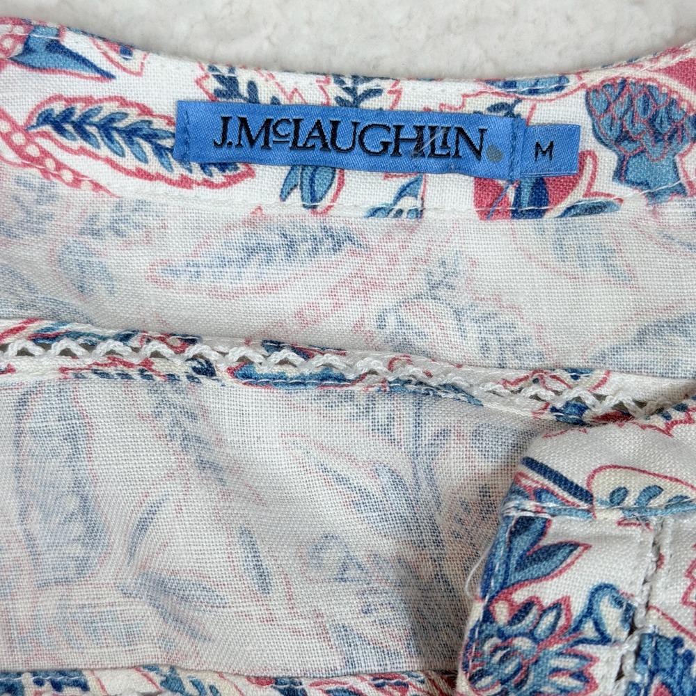 J.McLaughlin Nylee Dress Womens Medium Linen Blue Pink Floral Shift Split Neck - Picture 4 of 10